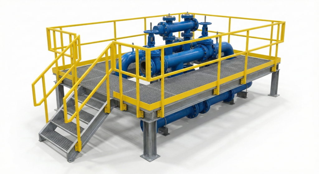 A custom industrial work platform around a blue industrial pipe structure.