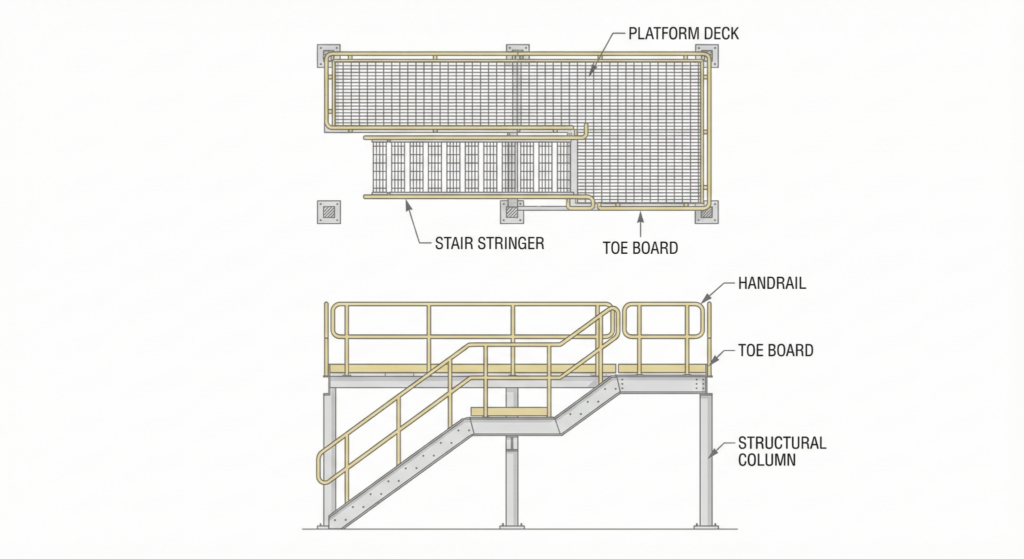 Industrial drawing of a custom industrial catwalk.
